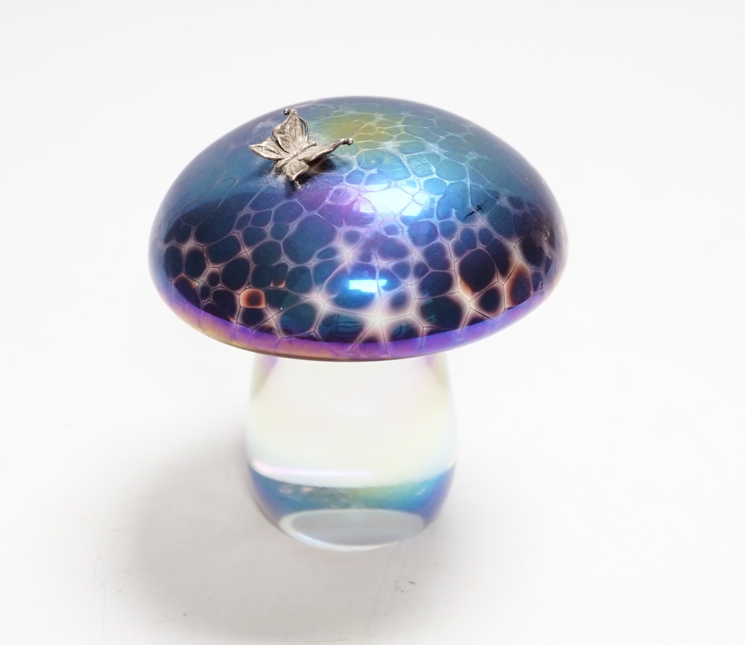 A John Ditchfield Glasform mushroom with applied butterfly, signed to base, 11cm high